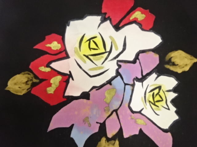 アンティーク　塩瀬　手描き　薔薇模様名古屋帯